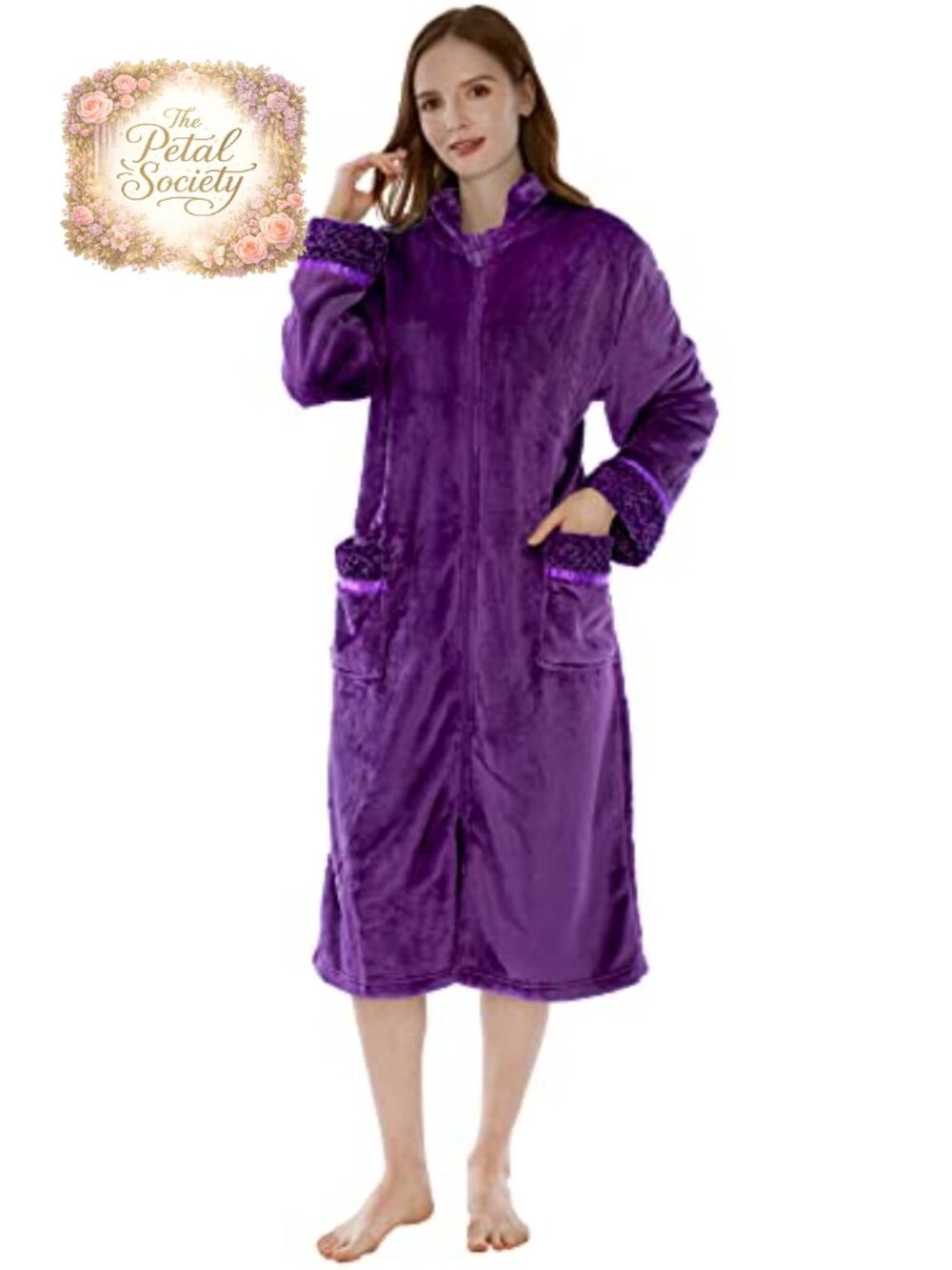 Womens Zip Up Fleece Robe with Pockets Long Housecoat Microfiber